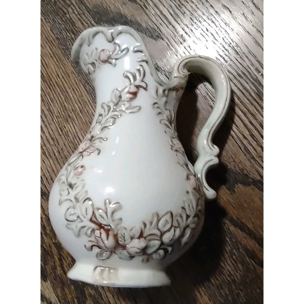 Vintage Ceramic Floral Pitcher Embossed Pink Roses White Bud Vase Creamer